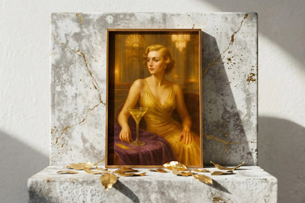 Roaring 20s Paris affiche ancienne d'une femme glamour en robe dorée tenant un verre de martini.