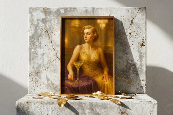 Roaring 20s Paris affiche ancienne d'une femme glamour en robe dorée tenant un verre de martini.