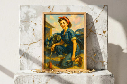 Roaring 20s Paris affiche ancienne mécanicienne garage, femme en salopette bleue, style rétro, art mural vintage.