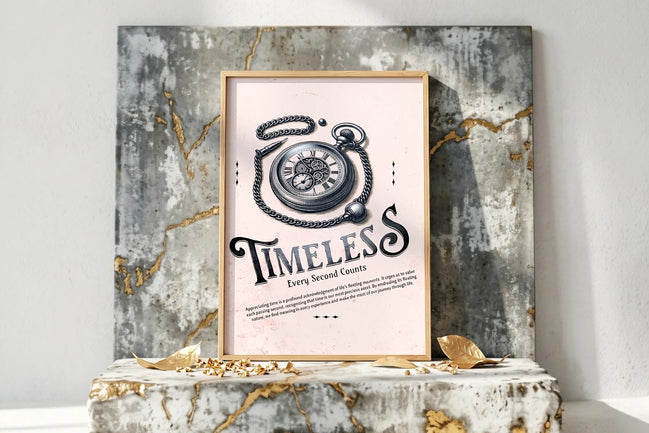 Affiche Roaring 20s Paris avec une montre à gousset vintage et la typographie "Timeless". Art mural rétro.
