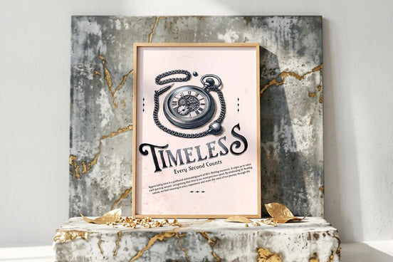 Affiche Roaring 20s Paris avec une montre à gousset vintage et la typographie "Timeless". Art mural rétro.