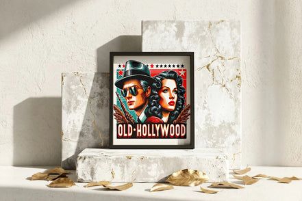 Affiche Roaring 20s Paris Old Hollywood vintage, style art déco, couple glamour des années 40, cadre noir.