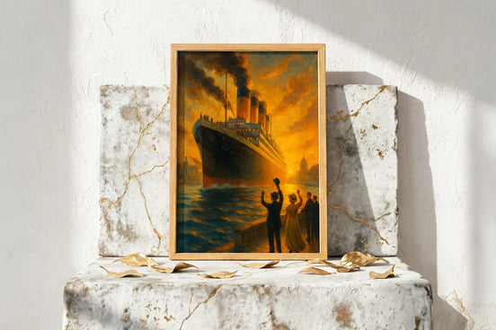 Roaring 20s Paris : Affiche vintage d'un paquebot au coucher du soleil, style art déco, illustration de voyage transatlantique.
