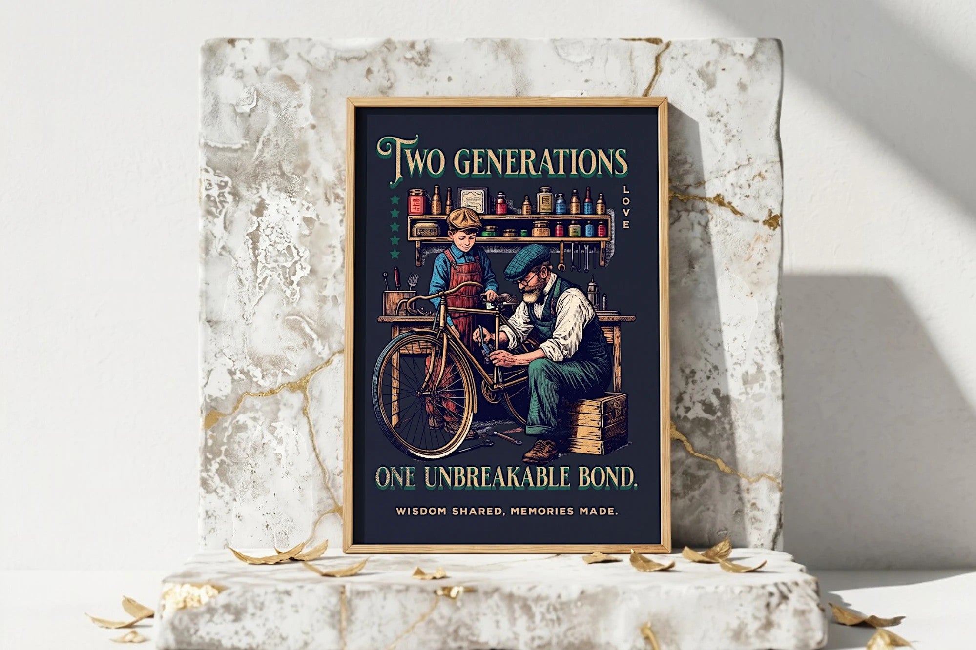 Affiche Roaring 20s Paris : père et fils travaillant sur un vélo, art vintage famille, style rétro.