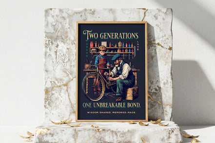 Affiche Roaring 20s Paris : père et fils travaillant sur un vélo, art vintage famille, style rétro.