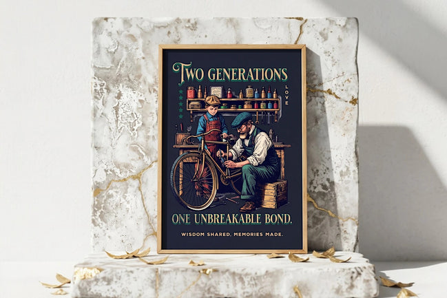 Affiche Roaring 20s Paris : père et fils travaillant sur un vélo, art vintage famille, style rétro.
