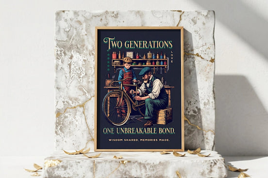 Affiche Roaring 20s Paris : père et fils travaillant sur un vélo, art vintage famille, style rétro.