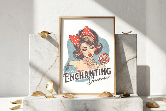 Affiche Roaring 20s Paris : femme pin-up vintage tenant une sucette, style rétro, décoration murale.