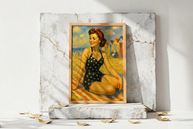 Roaring 20s Paris affiche pin-up vintage plage, femme en maillot de bain à pois sur fond de cabines de plage colorées.