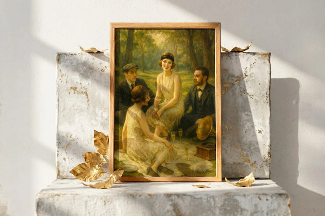Roaring 20s Paris affiche ancienne pique-nique années 1920, art mural vintage, 4 personnes en tenue d'époque, gramophone, champagne.