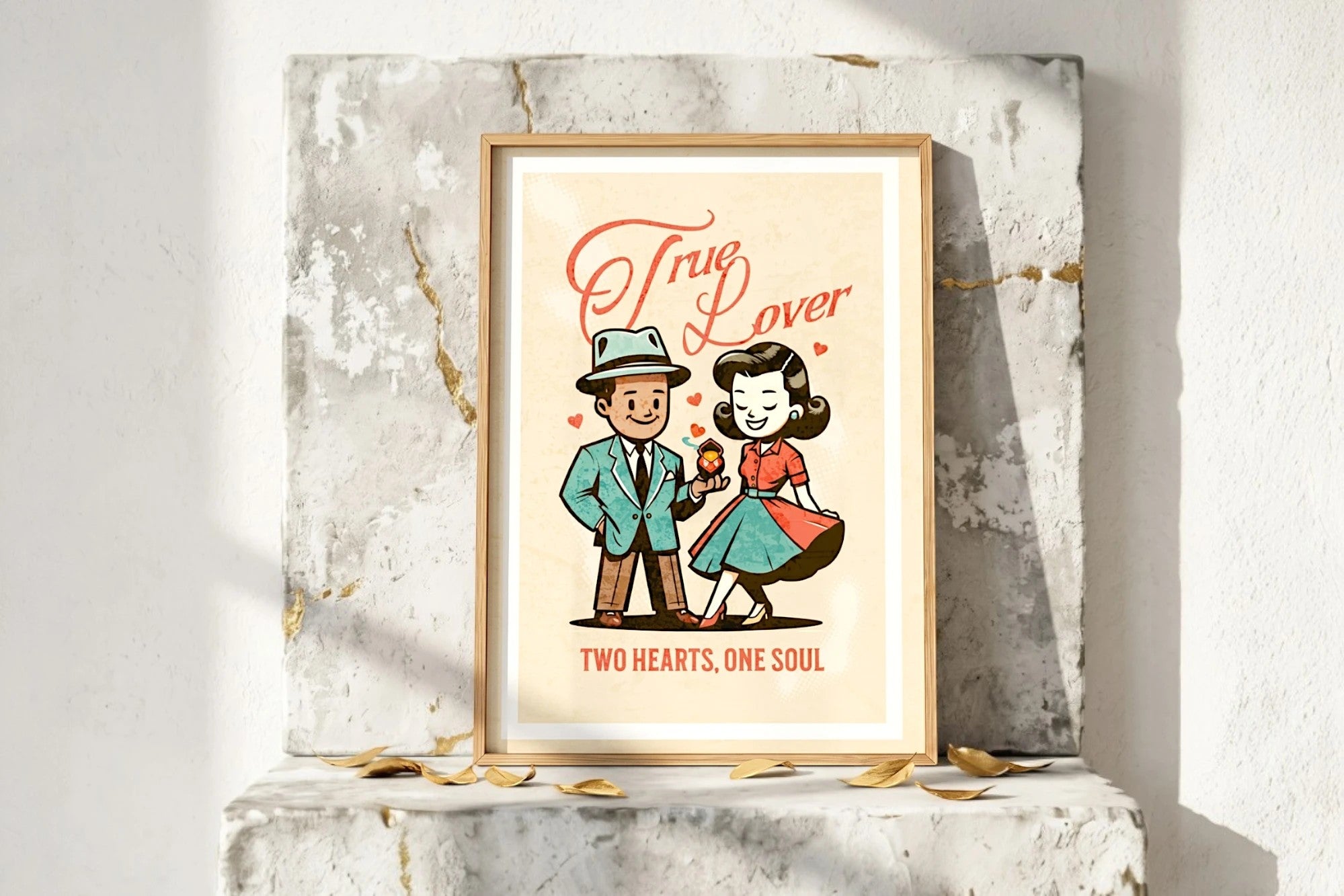 Affiche Roaring 20s Paris, art rétro couple amoureux, style vintage, homme offrant une bague à sa fiancée.