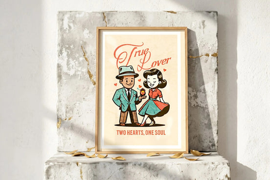 Affiche Roaring 20s Paris, art rétro couple amoureux, style vintage, homme offrant une bague à sa fiancée.