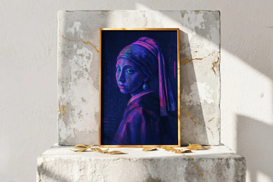 Roaring 20s Paris affiche murale rétro futuriste, peinture originale digitale, portrait femme bleu et violet néon, style art déco cyberpunk.