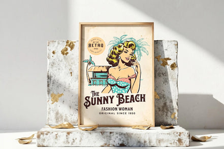 Affiche rétro plage Roaring 20s Paris, femme vintage style 50s en maillot de bain, art mode rétro, décor ensoleillé