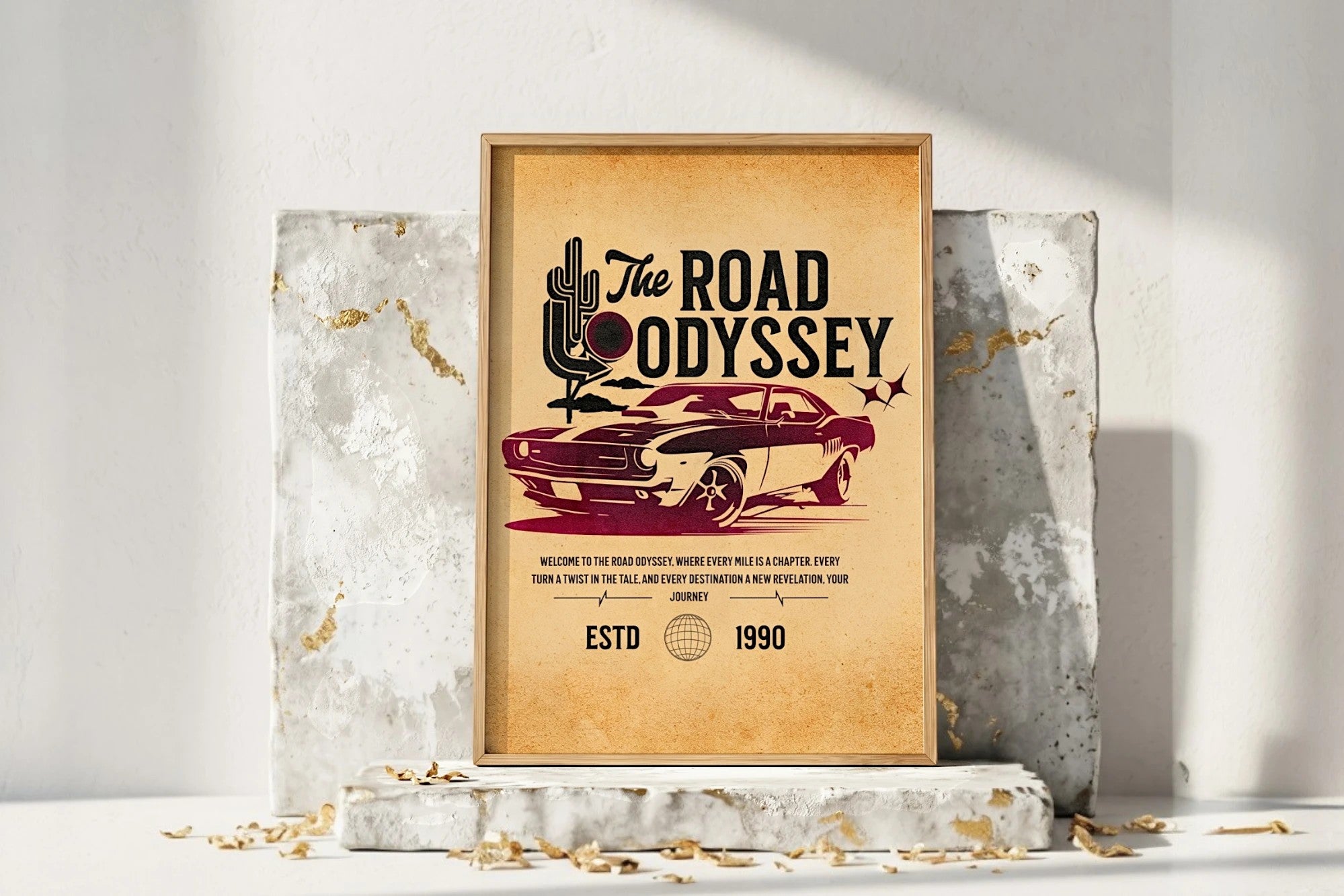 Affiche Road Odyssey vintage avec voiture rétro, art de voyage en voiture, Roaring 20s Paris