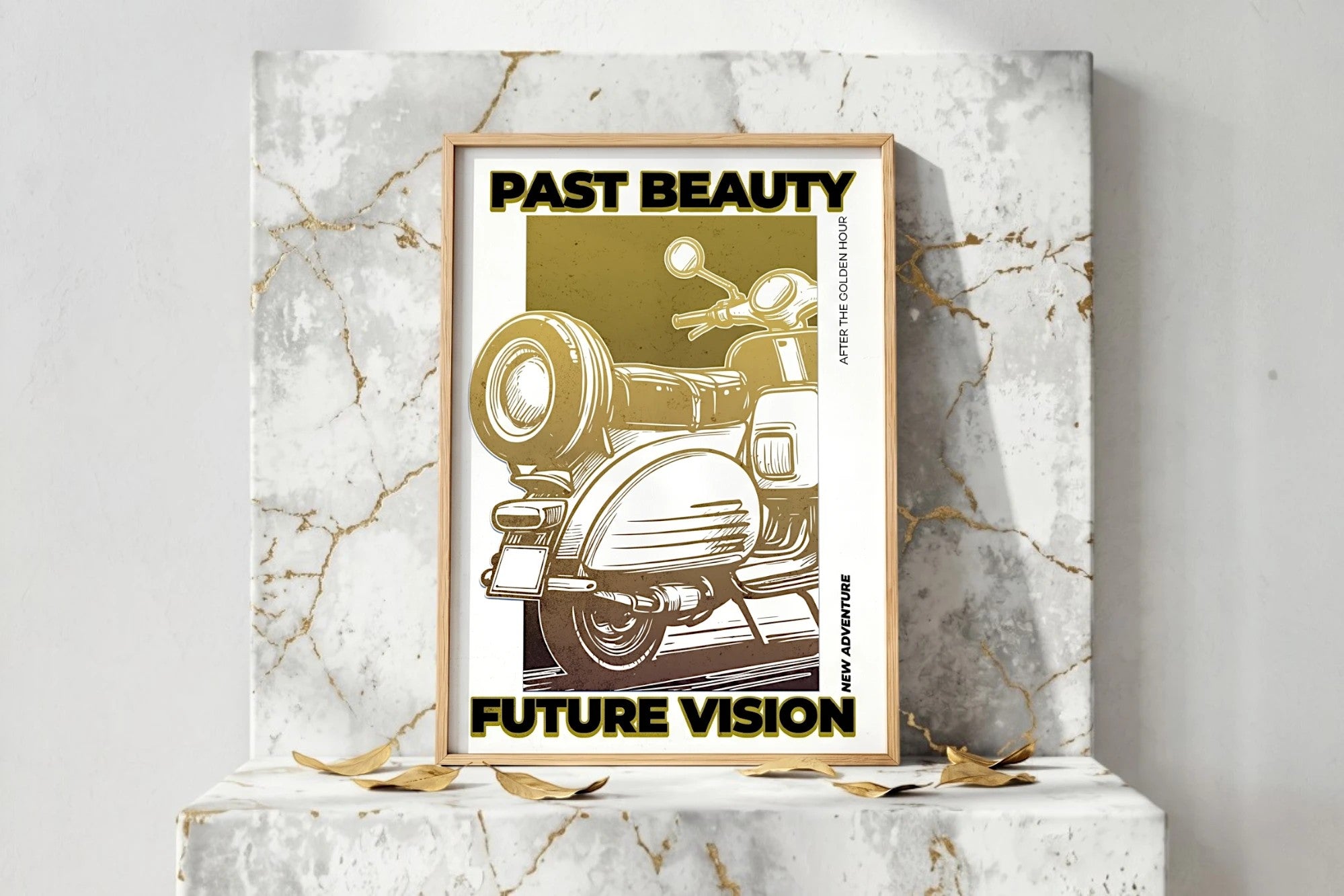 Affiche Roaring 20s Paris 'Past Beauty, Future Vision' avec un scooter vintage doré, style art déco