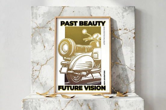 Affiche Roaring 20s Paris 'Past Beauty, Future Vision' avec un scooter vintage doré, style art déco