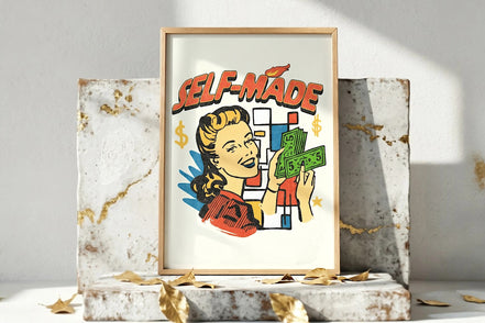 Affiche Roaring 20s Paris Self-Made, femme indépendante tenant des billets, style rétro, art motivation