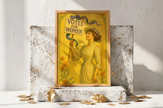 Roaring 20s Paris affiche suffragette art vintage, femme tenant un panneau "Votes for Women" en robe jaune, style rétro