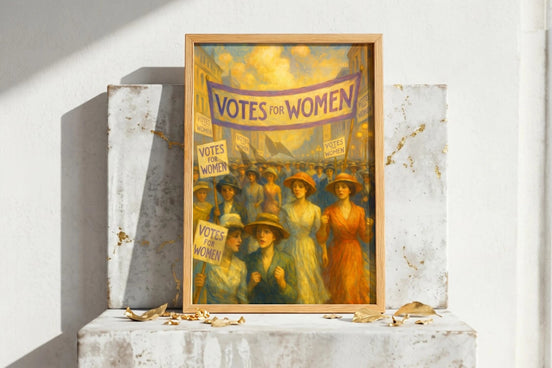 Roaring 20s Paris : Affiche ancienne suffragette 1910, femmes en marche pour le vote, style vintage.