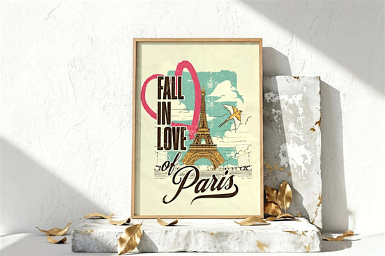 Affiche Roaring 20s Paris vintage avec la Tour Eiffel et un cœur rose, style rétro, décoration parisienne.