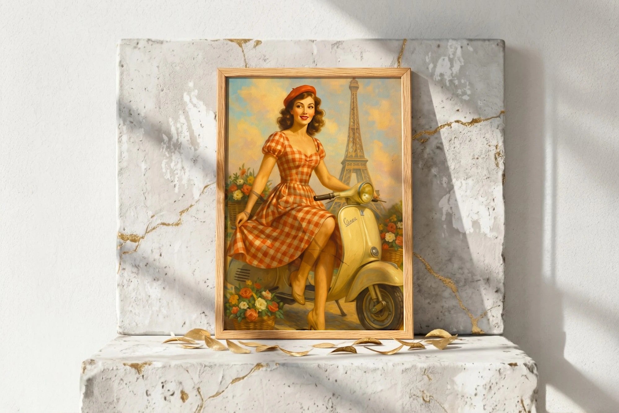 Roaring 20s Paris : Affiche ancienne parisienne Vespa fleurie, Tour Eiffel, femme rétro en robe à carreaux orange et blanche sur scooter jaune.
