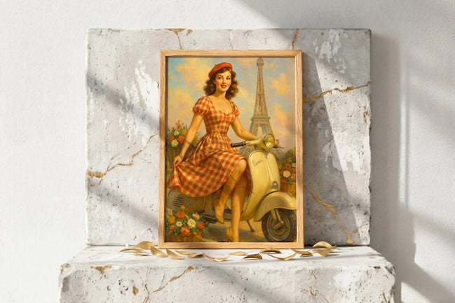 Roaring 20s Paris : Affiche ancienne parisienne Vespa fleurie, Tour Eiffel, femme rétro en robe à carreaux orange et blanche sur scooter jaune.