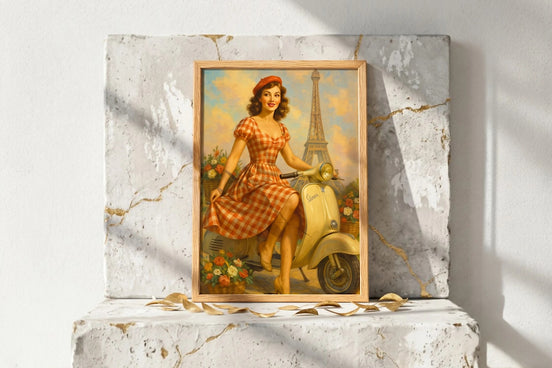 Roaring 20s Paris : Affiche ancienne parisienne Vespa fleurie, Tour Eiffel, femme rétro en robe à carreaux orange et blanche sur scooter jaune.