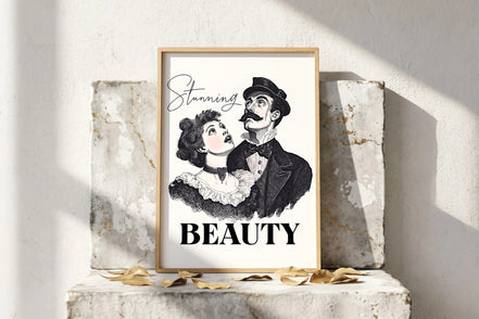 Affiche Roaring 20s Paris, illustration noir et blanc d'un couple victorien élégant, style rétro vintage, texte "Stunning BEAUTY"