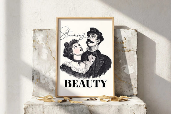 Affiche Roaring 20s Paris, illustration noir et blanc d'un couple victorien élégant, style rétro vintage, texte "Stunning BEAUTY"