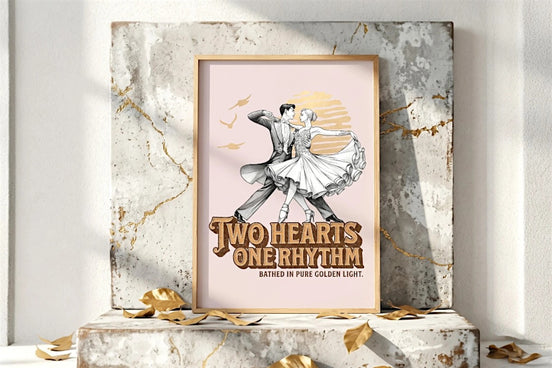 Roaring 20s Paris : Affiche vintage amour, couple dansant, art rétro romantique, deux cœurs, une musique, lumière dorée.