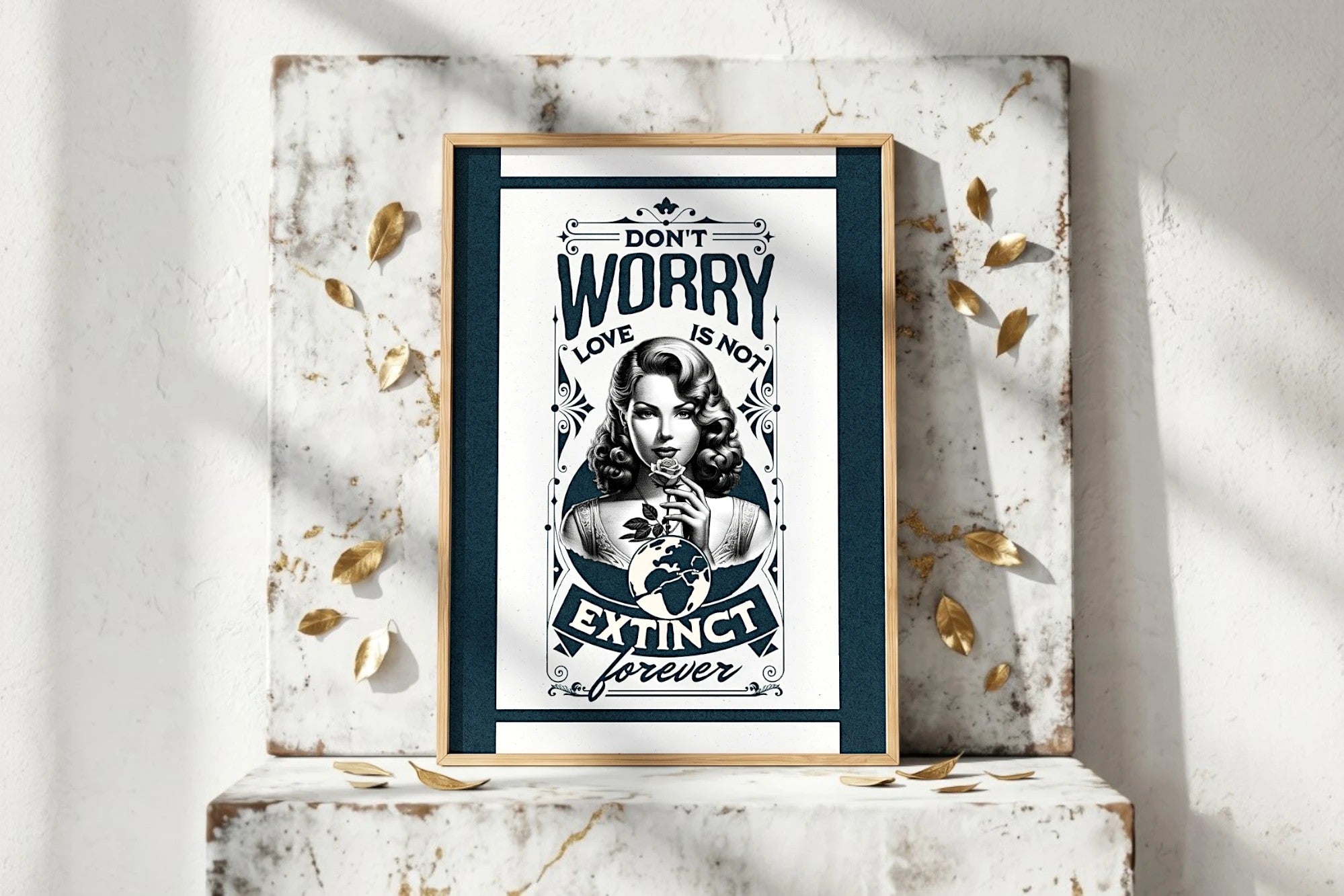 Affiche Roaring 20s Paris : femme rétro tenant une rose, message 'Don't worry love is not extinct forever', style art déco.