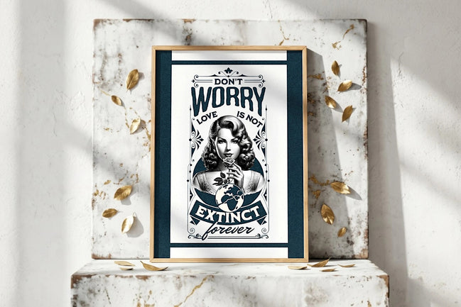 Affiche Roaring 20s Paris : femme rétro tenant une rose, message 'Don't worry love is not extinct forever', style art déco.