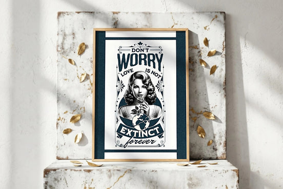 Affiche Roaring 20s Paris : femme rétro tenant une rose, message 'Don't worry love is not extinct forever', style art déco.