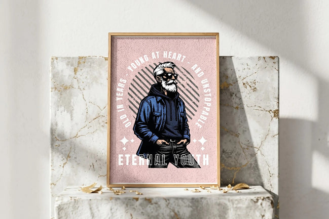 Affiche Roaring 20s Paris vintage d'un homme barbu en veste en jean, texte "Eternal Youth"