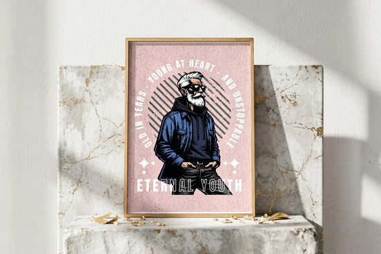 Affiche Roaring 20s Paris vintage d'un homme barbu en veste en jean, texte "Eternal Youth"