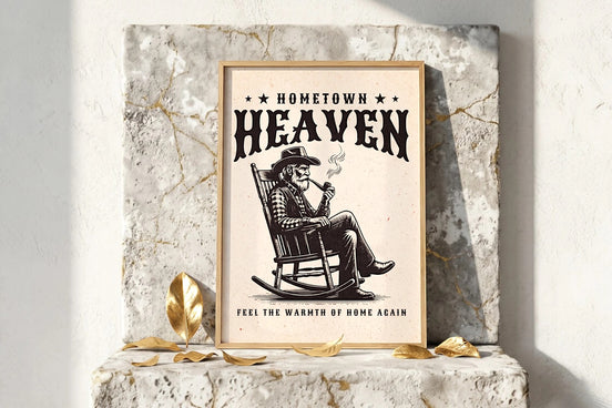 Affiche Roaring 20s Paris "Hometown Heaven" vintage, homme en rocking-chair fumant la pipe, style années 1920.