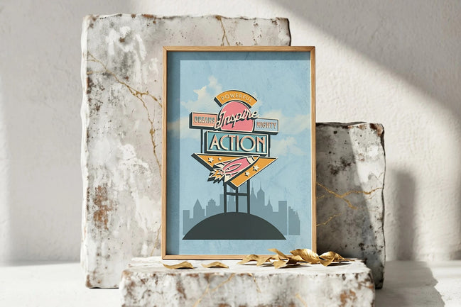 Affiche Roaring 20s Paris vintage illustration, inspiration positive, rêves et action, style pin-up rétro.