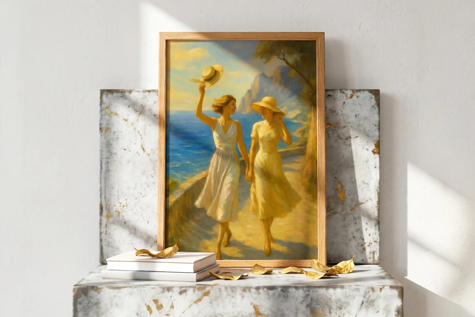 Roaring 20s Paris : affiche vintage d'art mural représentant deux femmes élégantes marchant au bord de la mer en Italie, style années 20.