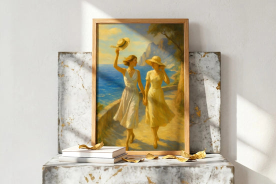 Roaring 20s Paris : affiche vintage d'art mural représentant deux femmes élégantes marchant au bord de la mer en Italie, style années 20.