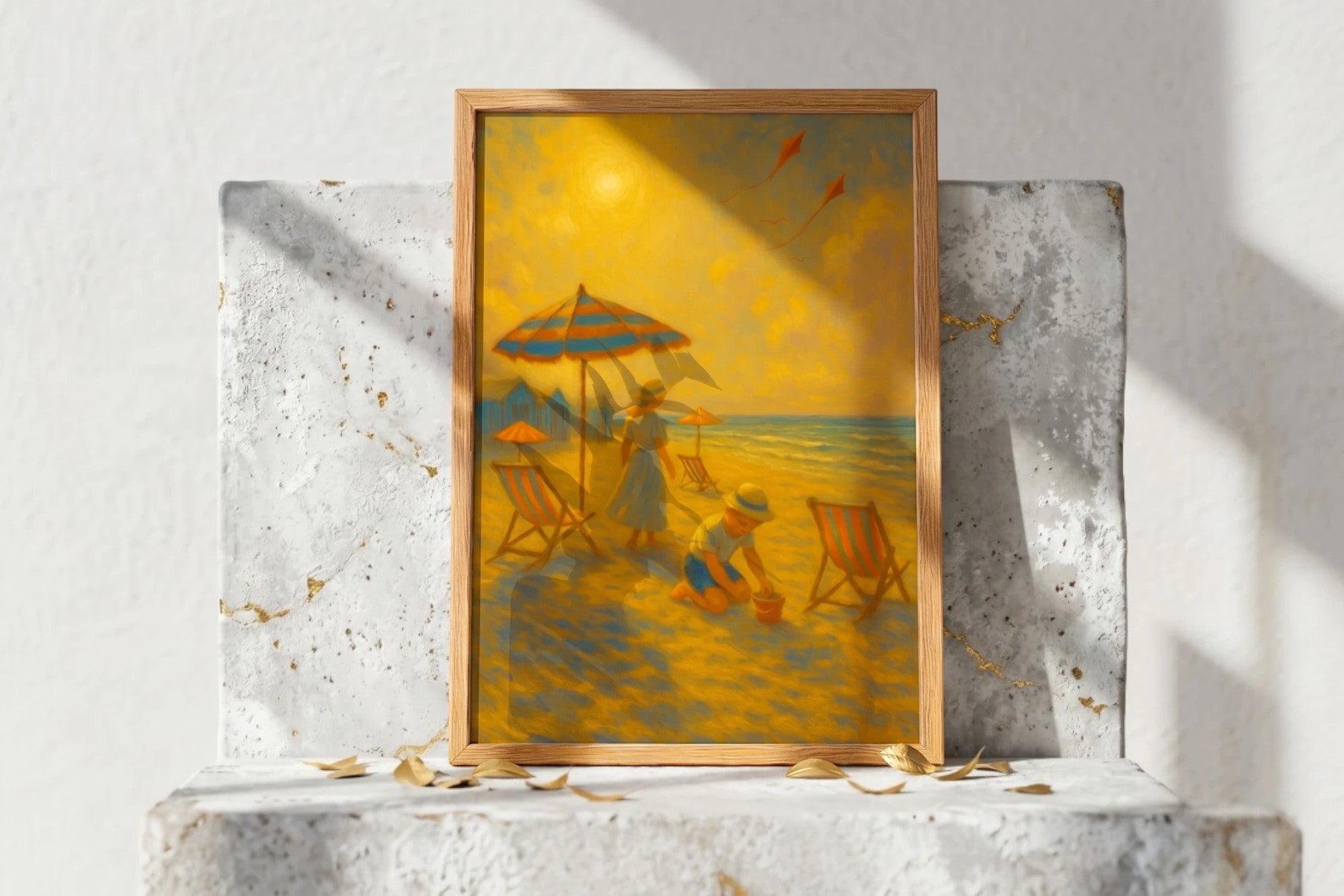Roaring 20s Paris affiche vintage plage coucher soleil, mère et enfant jouant sur le sable, illustration 1920 bord de mer
