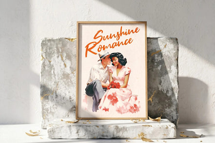 Affiche vintage romance Roaring 20s Paris, couple amoureux style rétro années 50, rose et orange