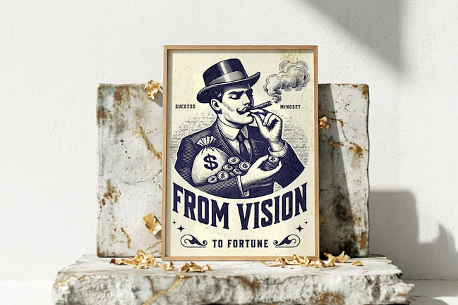 Affiche Roaring 20s Paris rétro : homme d'affaires vintage avec chapeau, cigare, sac d'argent et pièces. Succès et fortune.