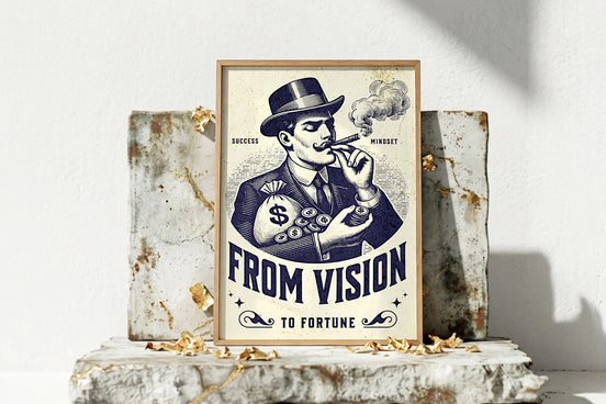 Affiche Roaring 20s Paris rétro : homme d'affaires vintage avec chapeau, cigare, sac d'argent et pièces. Succès et fortune.