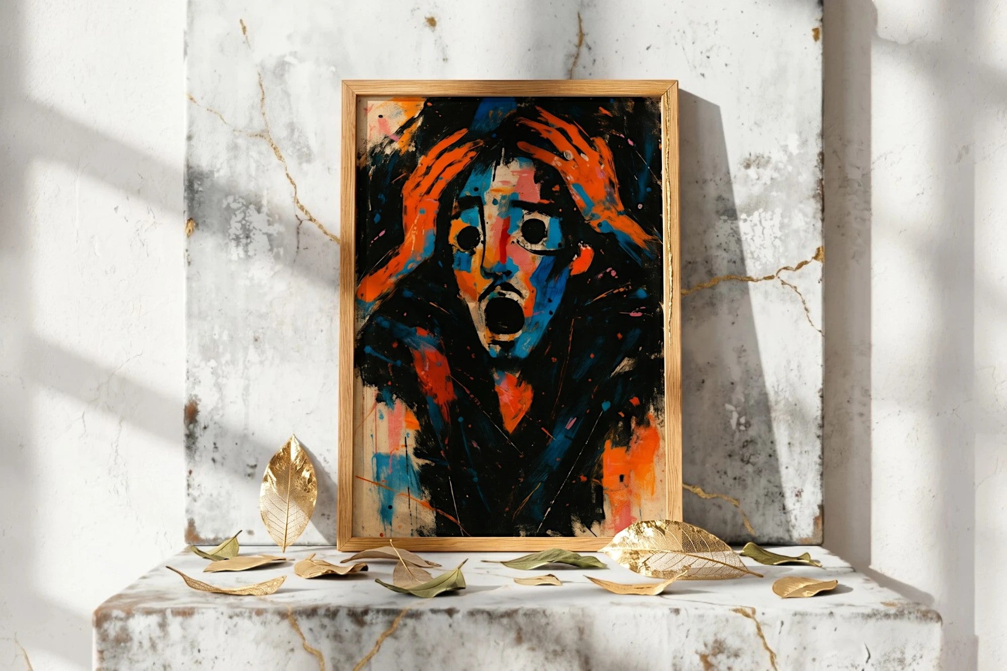 Roaring 20s Paris Affiche visage abstrait expressionniste, peinture émotionnelle rouge, bleu, noir, encadrée.