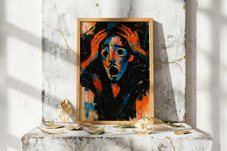 Roaring 20s Paris Affiche visage abstrait expressionniste, peinture émotionnelle rouge, bleu, noir, encadrée.