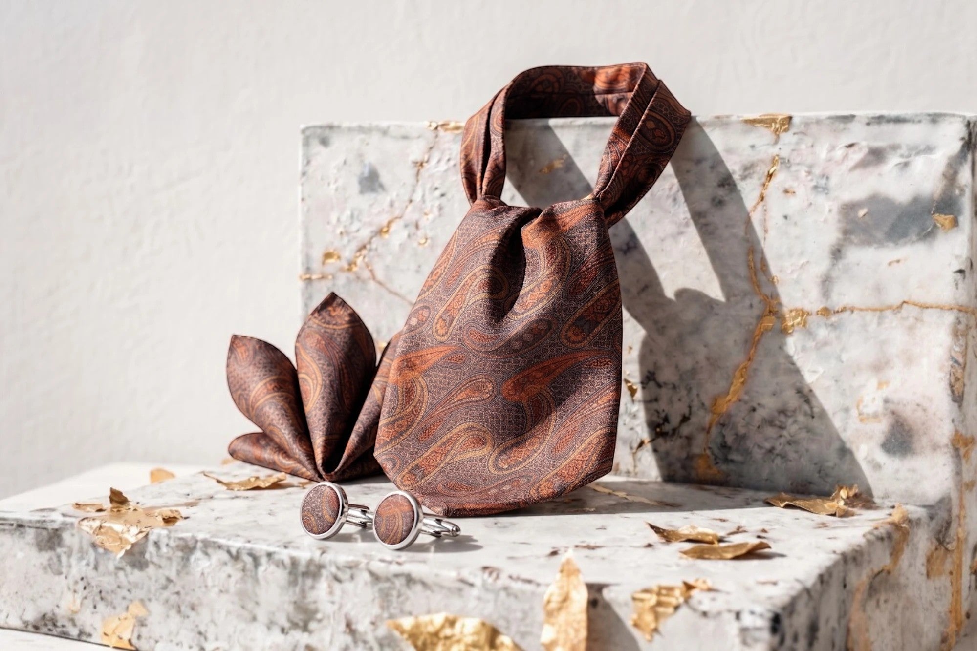 Ensemble Ascot lavallière et pochette en soie marron à motif cachemire, avec boutons de manchette assortis. Roaring 20s Paris.