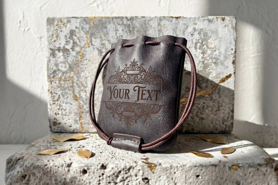 Blague à tabac en cuir marron personnalisable Roaring 20s Paris avec cordon de serrage et gravure ornementale.