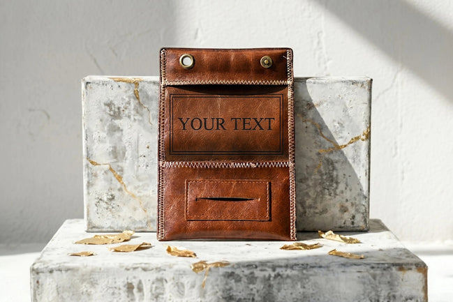 Roaring 20s Paris blague à tabac personnalisée en cuir marron avec gravure "YOUR TEXT". Pochettes pour feuilles et filtres.
