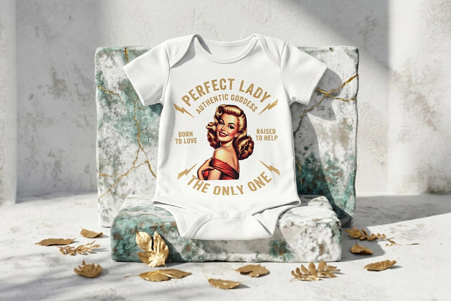 Body bébé blanc à manches longues Roaring 20s Paris avec illustration vintage d'une femme glamour et message "Perfect Lady Authentic Goddess"